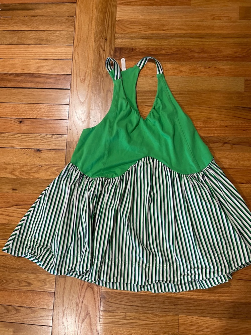 Anthro Daily Practice Navy/ Green white strip Tiered Dress  size Medium